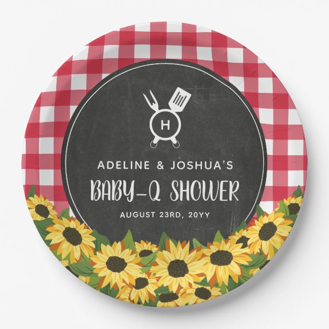 Plato De Papel Red Gingham Sunflowers Chalkboard Baby-Q Shower (Anverso)