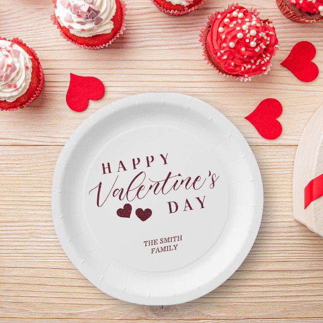 Plato De Papel Red Glitter Happy Valentine's Day Hearts (Red Glitter Effect Happy Valentine's Day Hearts Plates.)