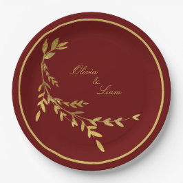 Plato De Papel Red Gold Leaf Elegant Name Script Boda