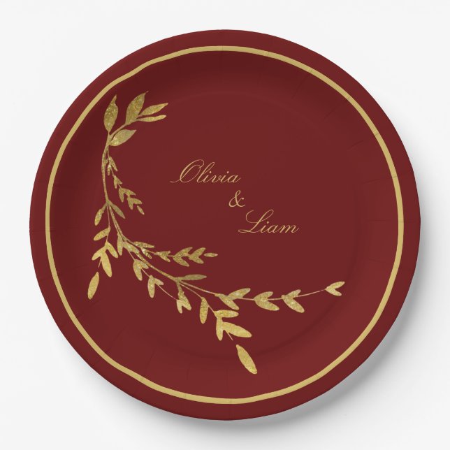 Plato De Papel Red Gold Leaf Elegant Name Script Boda (Anverso)