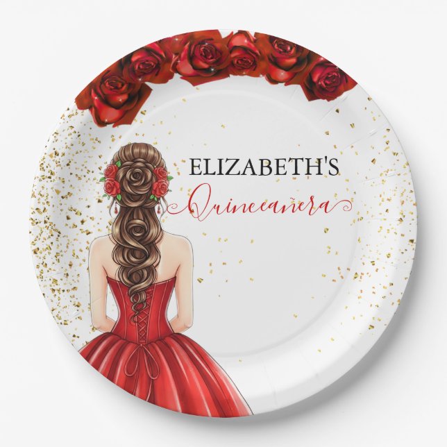 Plato De Papel Red & Gold Quinceañera Custom Paper Plate (Anverso)