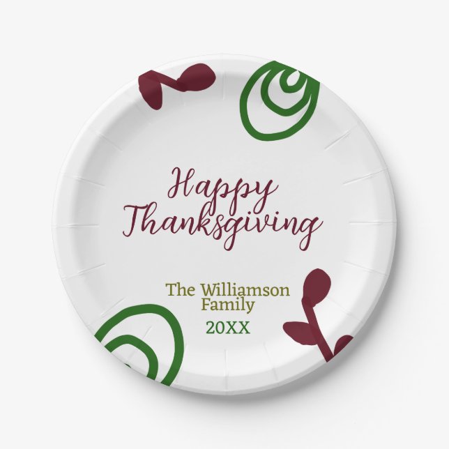 Plato De Papel Red green happy Thanksgiving floral leaf fall (Anverso)