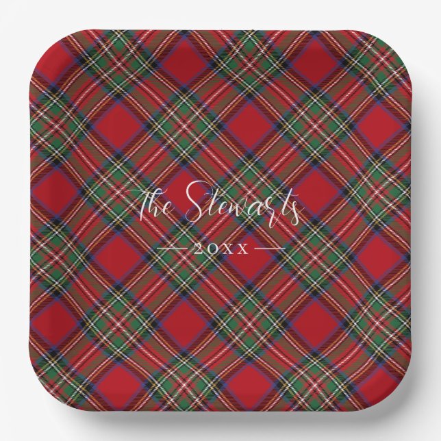 Plato De Papel Red Green Plaid Rustic Stewart Tartán (Anverso)