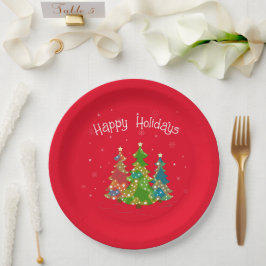 Plato De Papel Red Happy Holidays Text, Stars, Trees, Modern, Div