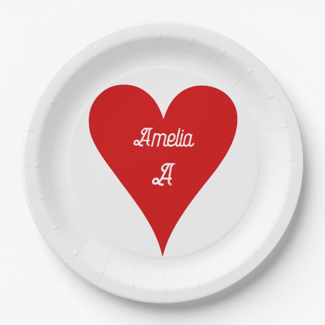 Plato De Papel Red Heart Love Valentine's Day Name & Monogram (Anverso)