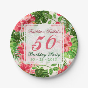 Plato De Papel Red Hibiscus 50th Birthday Party Paper Plate