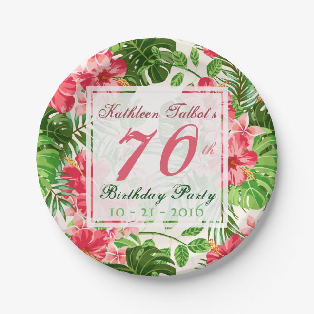 Plato De Papel Red Hibiscus 70th Birthday Party Paper Plate (Anverso)