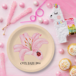 Plato De Papel Red Ladybug rosa Lily Flower chica de nombre de ni