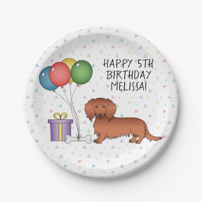 Plato De Papel Red Long Hair Dachshund Cartoon Dog Happy Birday (Anverso)