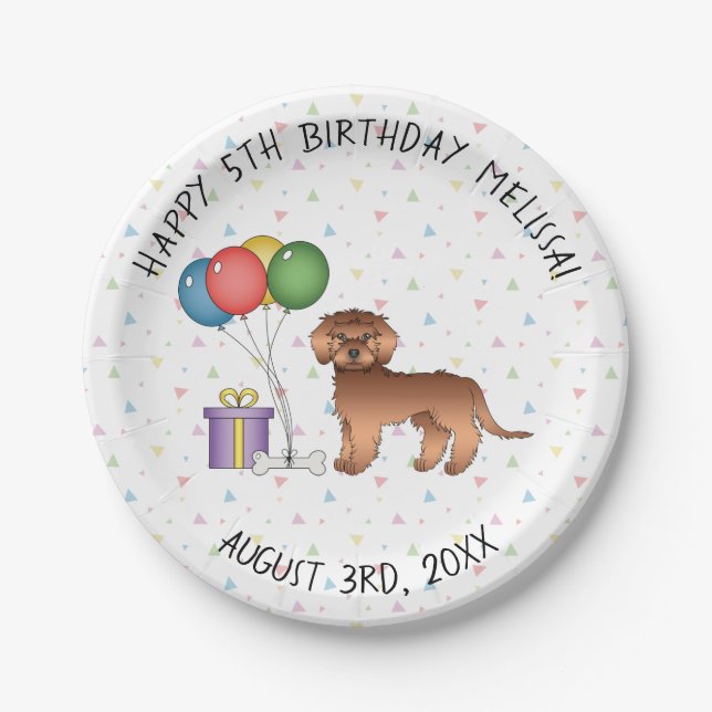 Plato De Papel Red Mini Goldendoodle Cute Cartoon Dog Cumpleaños (Anverso)