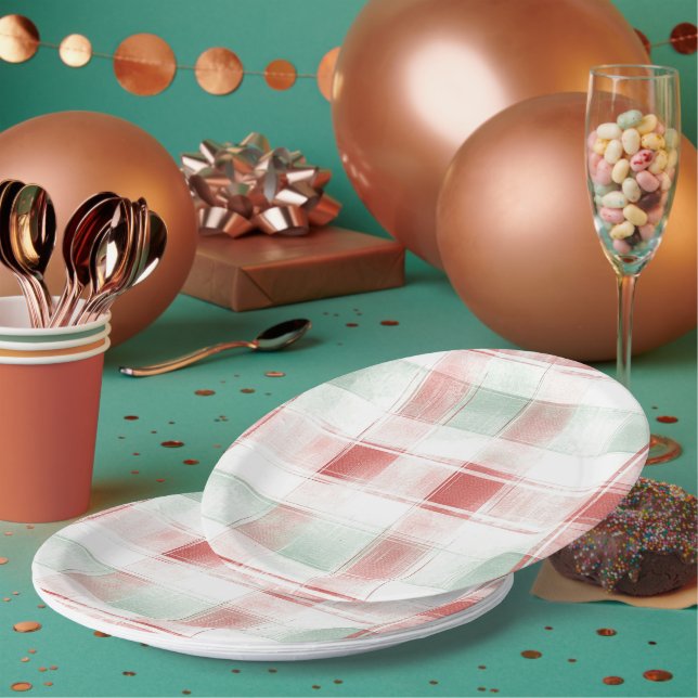 Plato De Papel Red Mint Peppermint Mocha Plaid Stripes Christmas (Multi)