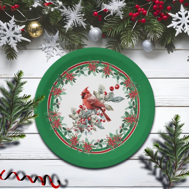 Plato De Papel Red Mockingbird Poinsettia Borders Green (Subido por el creador)