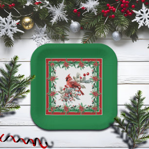 Plato De Papel Red Mockingbird Poinsettia Borders Green