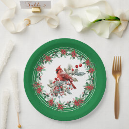 Plato De Papel Red Mockingbird Poinsettia Borders Green
