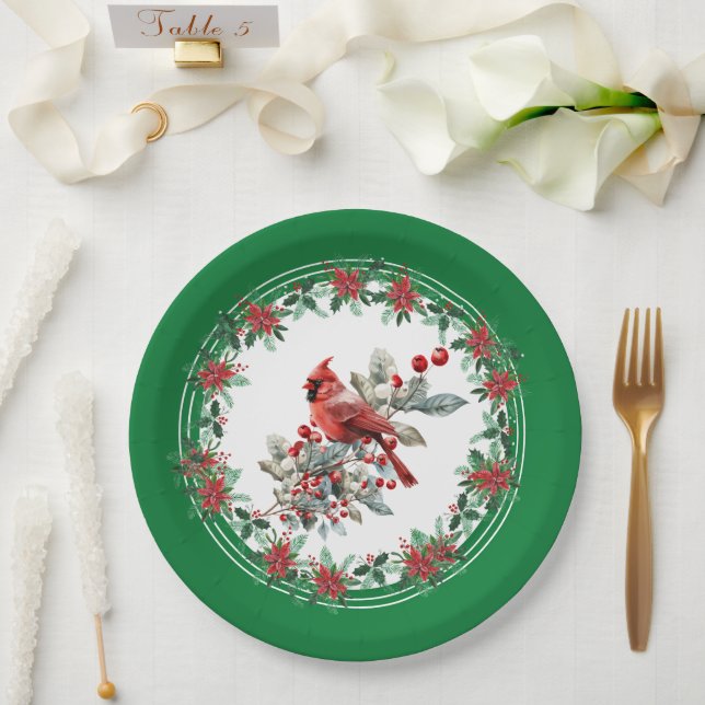 Plato De Papel Red Mockingbird Poinsettia Borders Green (Boda)