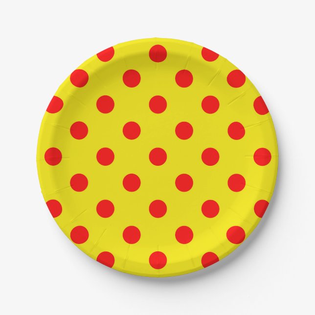 Plato De Papel Red On Yellow Polka Dots Pattern Design  (Anverso)