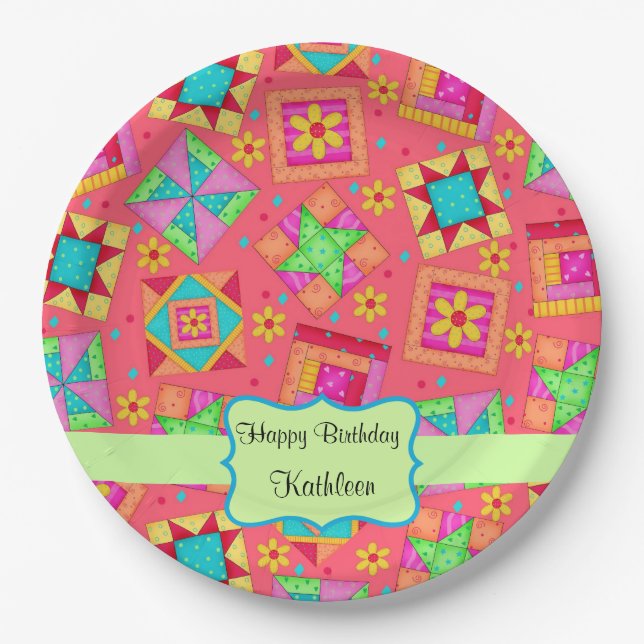 Plato De Papel Red Patchwork QuilBlock Name Happy Birthday (Anverso)