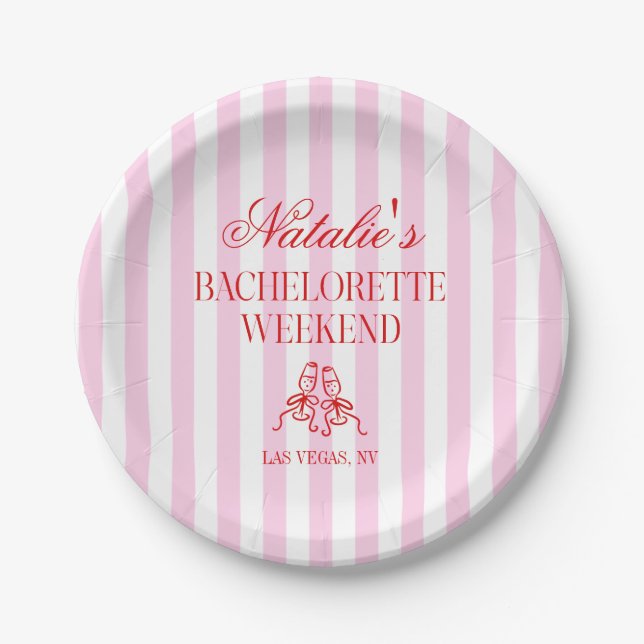 Plato De Papel Red Pink Stripes Bachelorette Weekend Party (Anverso)