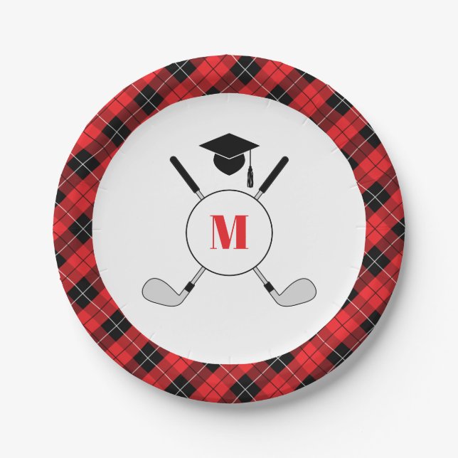Plato De Papel Red Plaid Golf Themed Graduation Party (Anverso)