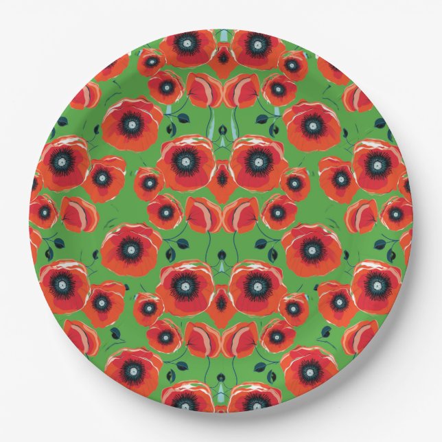 Plato De Papel Red Poppies Apple Green (Anverso)