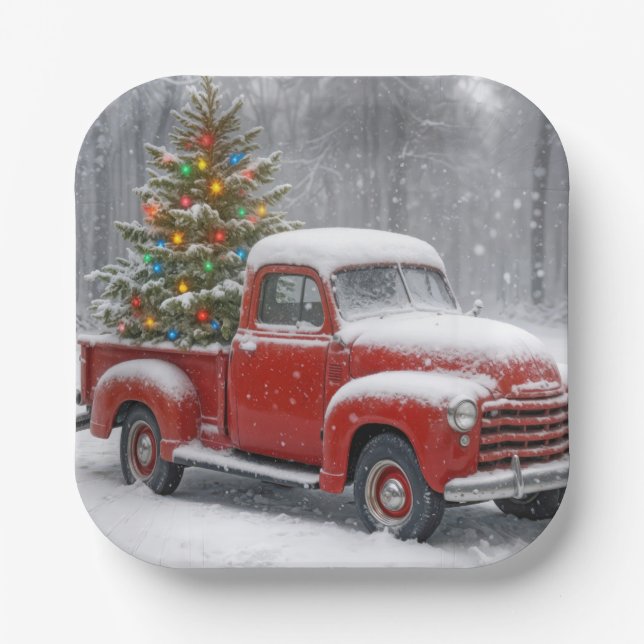 Plato De Papel Red Retro Truck With Christmas Tree (Anverso)