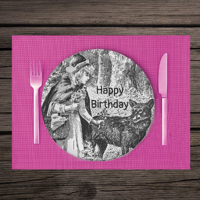 Plato De Papel Red Riding Hood Wolf Wood Cumpleaños Blanco Negro (Black White Little Red Riding Hood wolf in woods on Birthday paper party plates.)