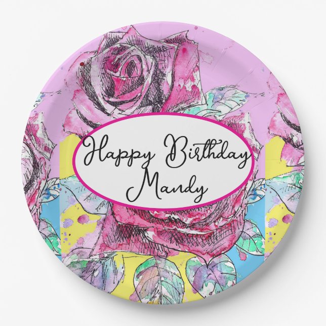 Plato De Papel Red Rose Roses Pink flower Birthday Womens (Anverso)