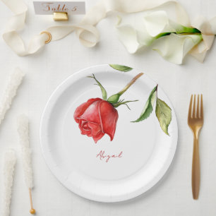 Plato De Papel Red Rose Stem Nombre personalizado Ducha de novia