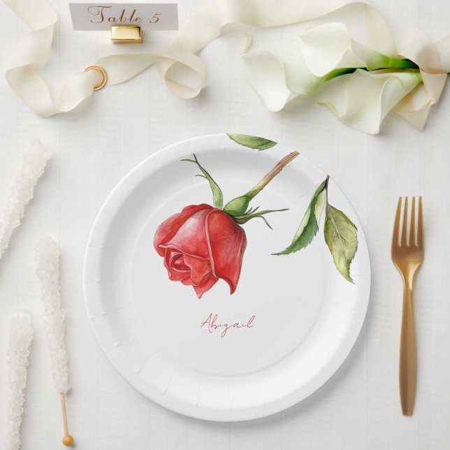 Plato De Papel Red Rose Stem Nombre personalizado Ducha de novia (Boda)