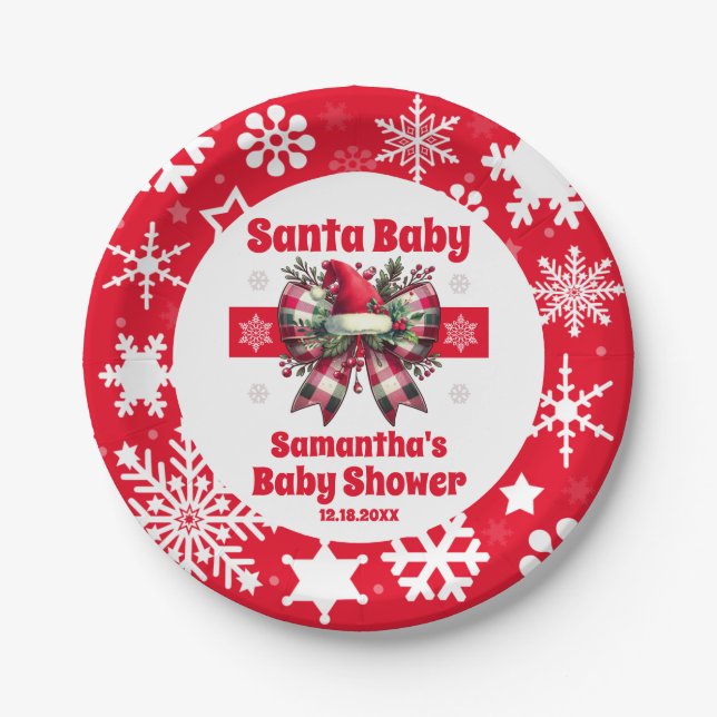 Plato De Papel Red Santa Baby Navidades Coquette Bow Baby Shower (Anverso)