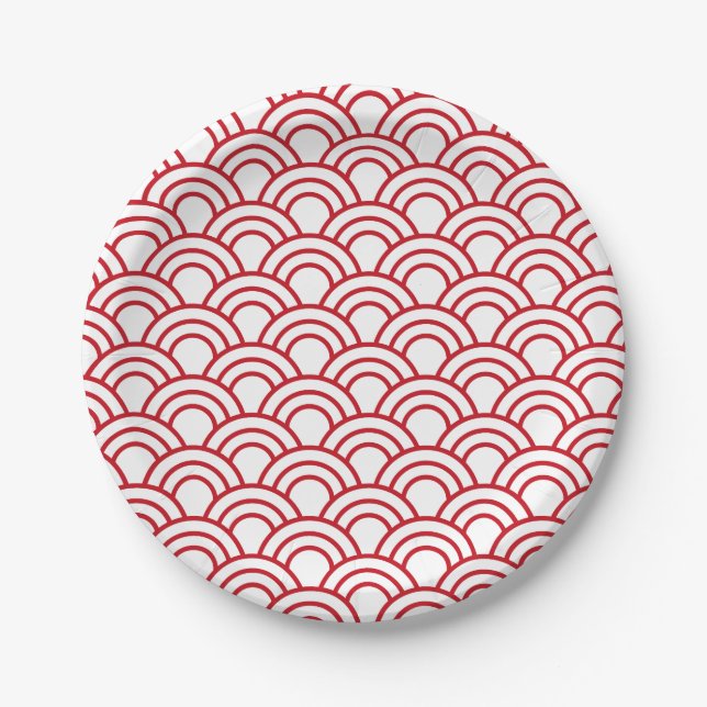 Plato De Papel red scallop pattern on a white background (Anverso)