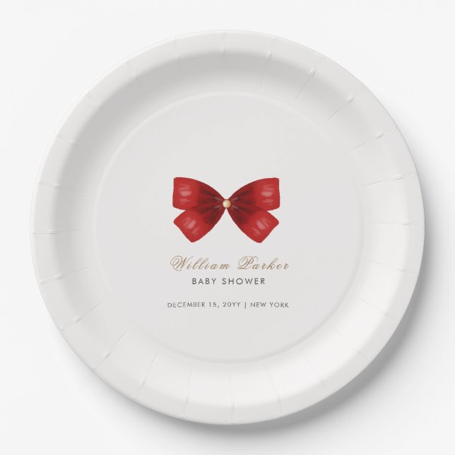 Plato De Papel Red Simple Watercolor Bow Baby Shower (Anverso)