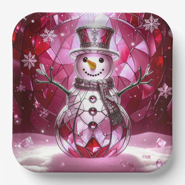Plato De Papel Red Snowman Snowflakes Holiday Paper Plate (Anverso)