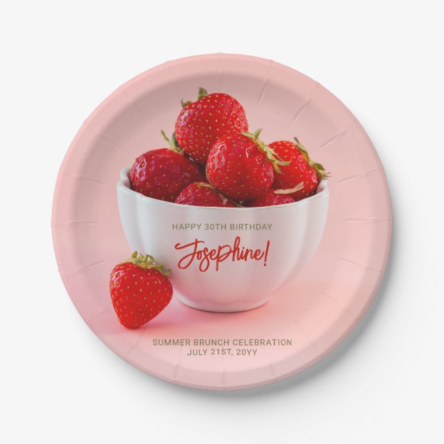 Plato De Papel Red Strawberry Photo Summer Brunch Happy Birthday (Anverso)