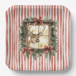 Plato De Papel Red Stripes Bows Christmas Deer in Window