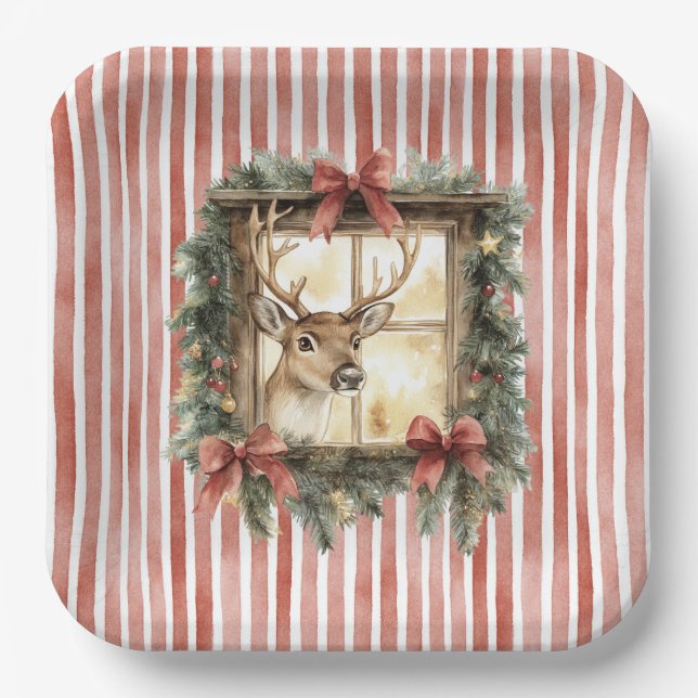 Plato De Papel Red Stripes Bows Christmas Deer in Window (Anverso)