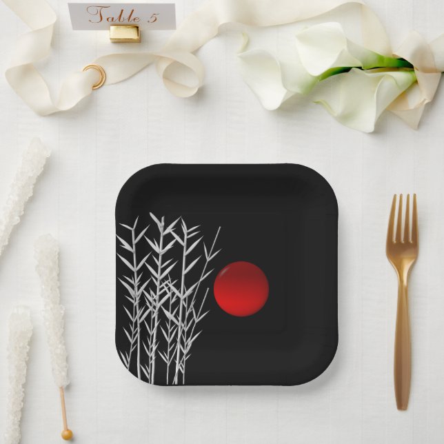 Plato De Papel Red sun black white zen   (Boda)