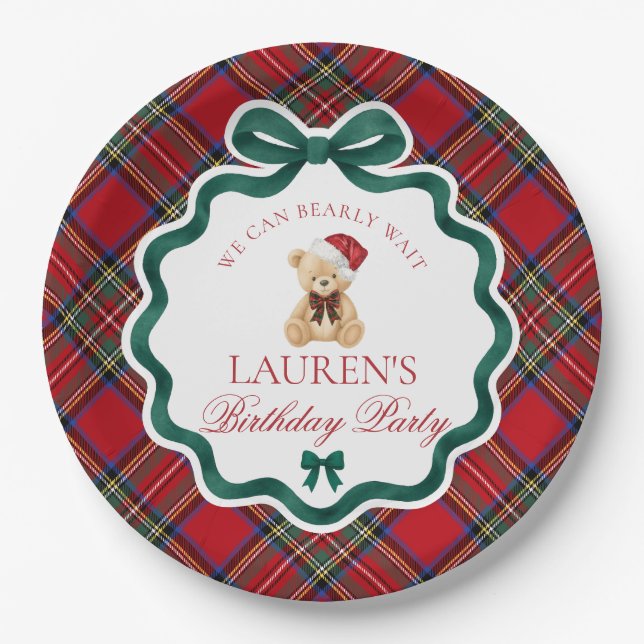 Plato De Papel Red Tartan Plaid Christmas Bear Birthday Party  (Anverso)