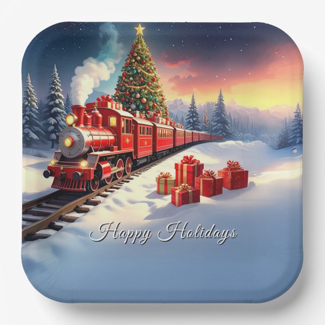 Plato De Papel Red Train Christmas Tree Holiday Paper Plate (Anverso)