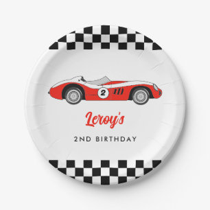 Plato De Papel Red Vintage Race Car Boy Fiesta de cumpleaños núme