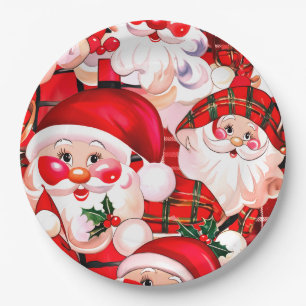 Plato De Papel Red Vintage Santa Claus Tartan Plaid Navidades