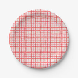 Plato De Papel Red Watercolor Gingham Pattern Cumpleaños