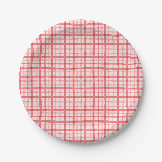 Plato De Papel Red Watercolor Gingham Pattern Cumpleaños (Anverso)