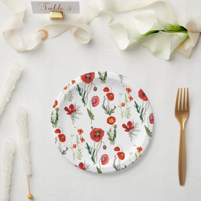 Plato De Papel Red Watercolor Poppies Florals (Boda)