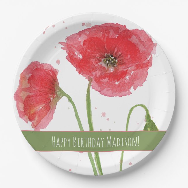 Plato De Papel Red Watercolor Poppies Happy Birday (Anverso)