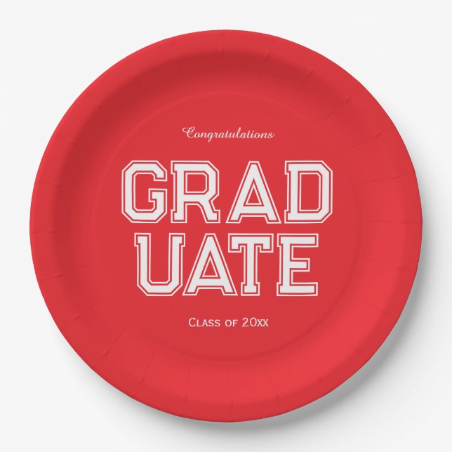 Plato De Papel Red & White Graduation Party Customizable (Anverso)