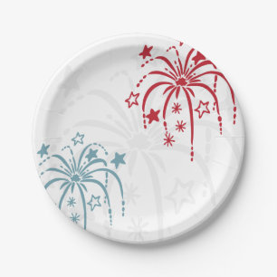 Plato De Papel Red White & Lite Blue Fireworks 4 de Julio Fiesta