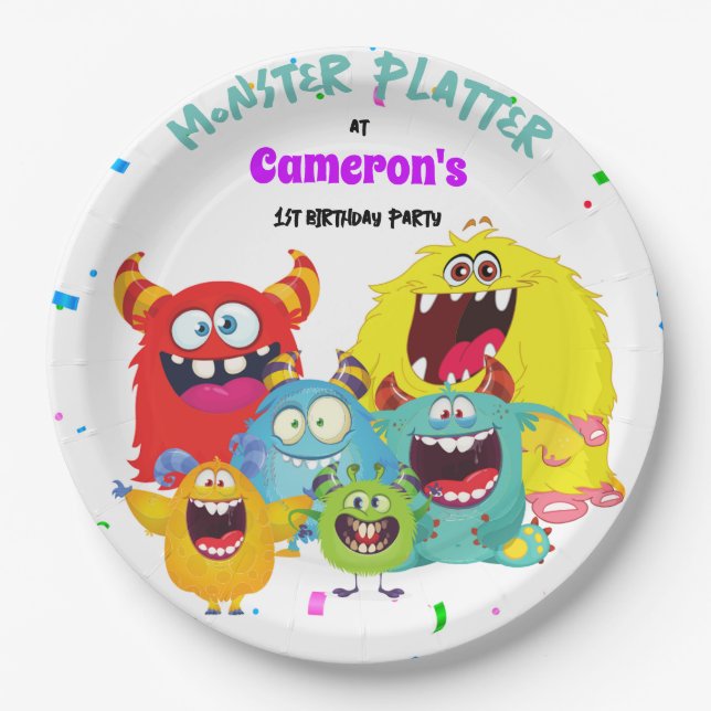 Plato De Papel Redonda de monstruo de Kawaii (Anverso)
