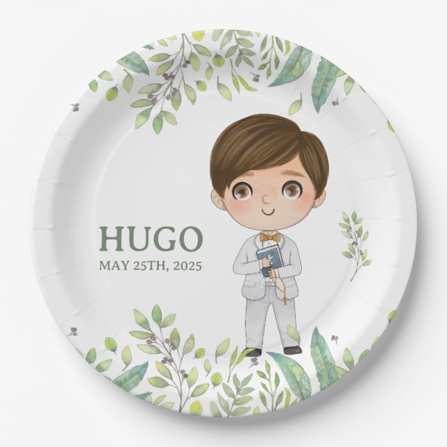 Plato de papel redondo HUGO Primera Comunión (Anverso)