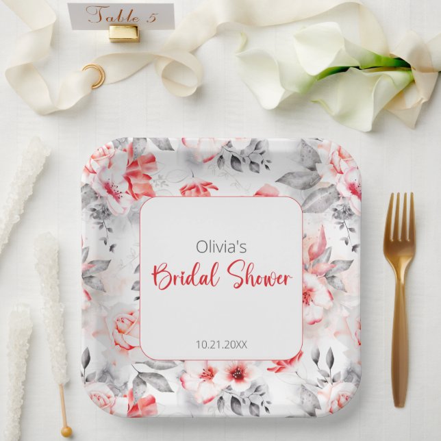 Plato De Papel Regadera de Flores de Acuarela Rojas y Grises para (Boda)